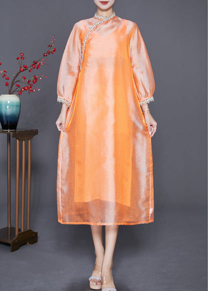 Diy Orange Stand Collar Lace Patchwork Silk Dress Bracelet Sleeve