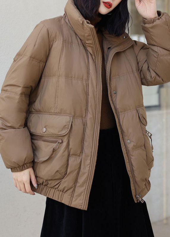 Diy Orange Stand Collar Zip Up Pockets Duck Down Jacket in Winter