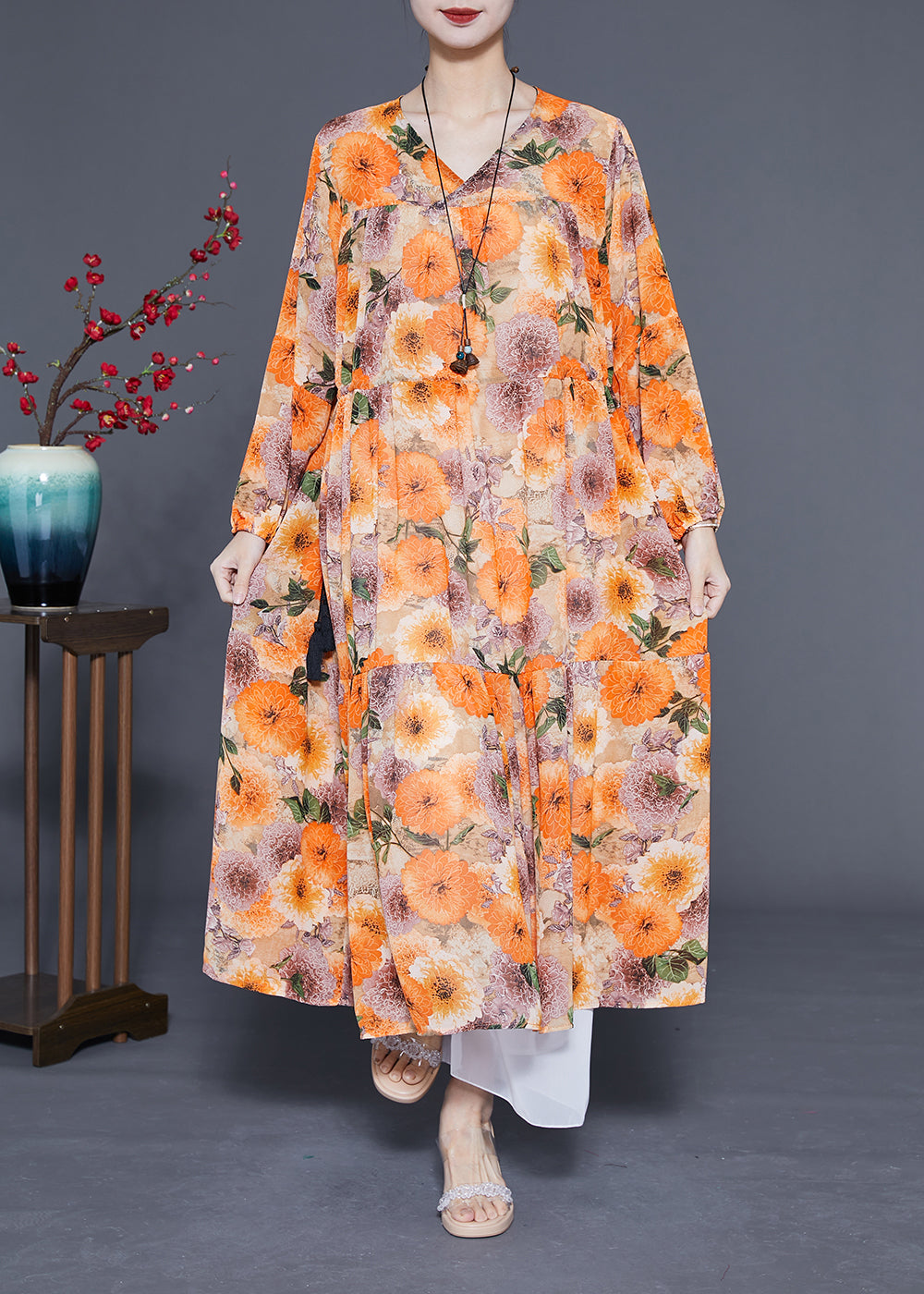 Diy Orange V Neck Cinched Print Chiffon Holiday Dress Spring