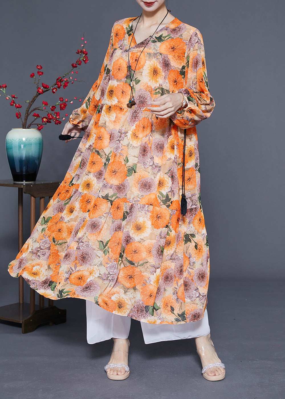 Diy Orange V Neck Cinched Print Chiffon Holiday Dress Spring