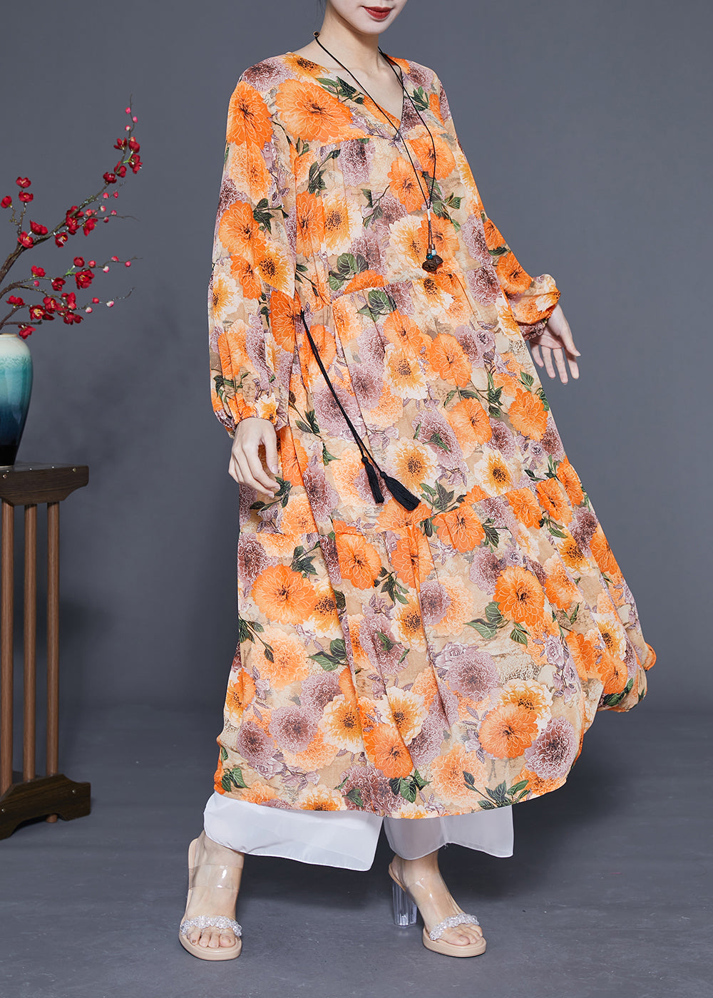 Diy Orange V Neck Cinched Print Chiffon Holiday Dress Spring