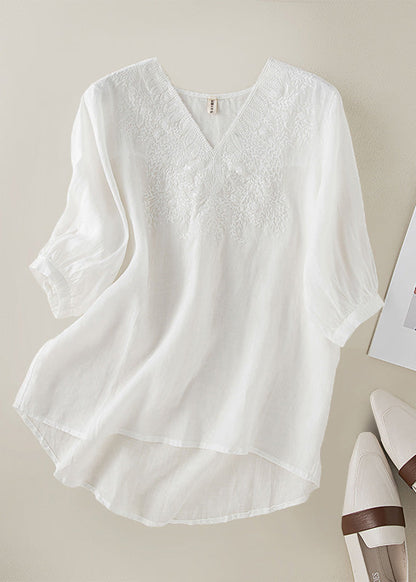 Diy Orange V Neck Embroideried Low High Design Linen Top Half Sleeve