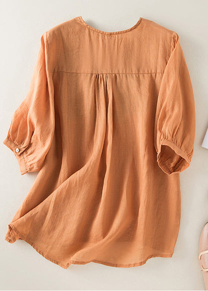 Diy Orange V Neck Embroideried Low High Design Linen Top Half Sleeve