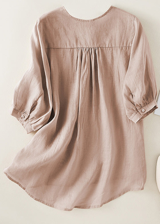 Diy Orange V Neck Embroideried Low High Design Linen Top Half Sleeve