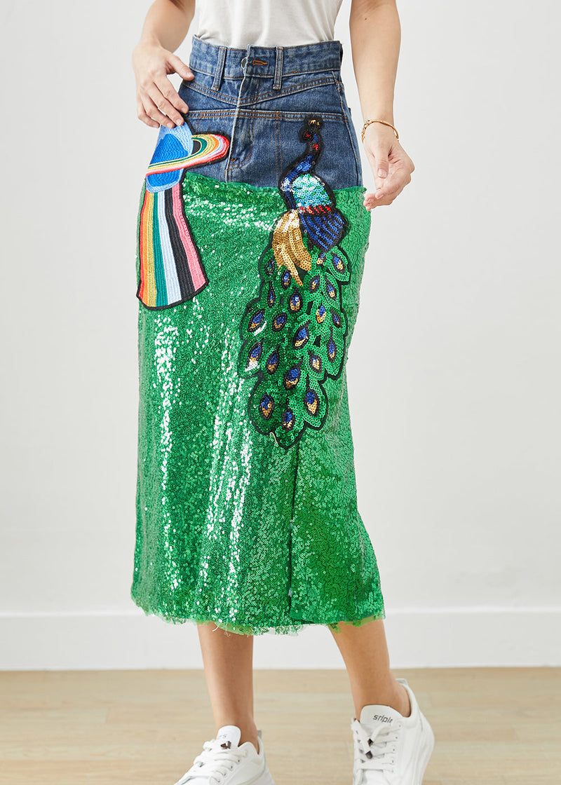 Diy Peacock Embroidered Patchwork Sequins Denim Skirt Fall
