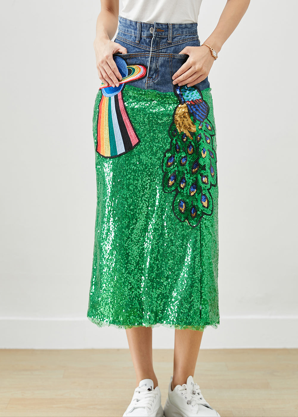 Diy Peacock Embroidered Patchwork Sequins Denim Skirt Fall