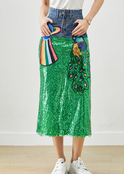 Diy Peacock Embroidered Patchwork Sequins Denim Skirt Fall
