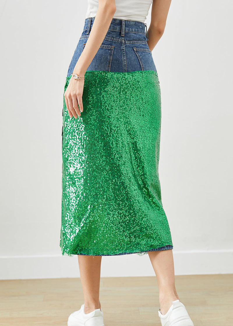 Diy Peacock Embroidered Patchwork Sequins Denim Skirt Fall