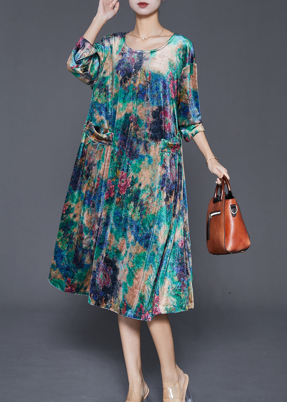 Diy Peacock Green Oversized Print Silk Velour Mid Dress Fall