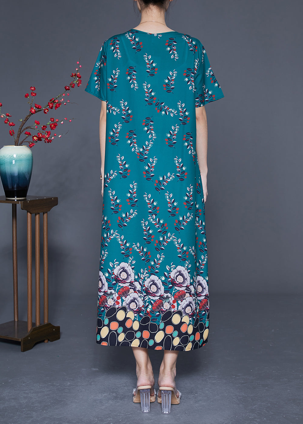 Diy Peacock Green Oversized Print Wrinkled Silk Maxi Dress Summer