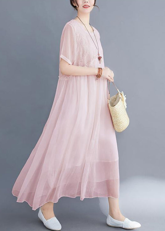 Diy Pink Embroideried Exra Large Hem Cotton Long Dress Summer
