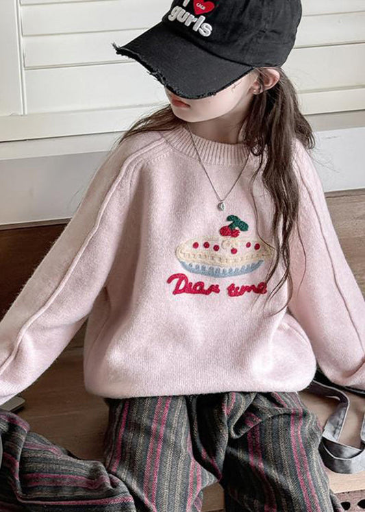 Diy Pink O-neck Thick Cotton Knit Kids Sweaters Spring