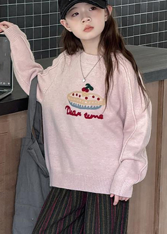 Diy Pink O-neck Thick Cotton Knit Kids Sweaters Spring
