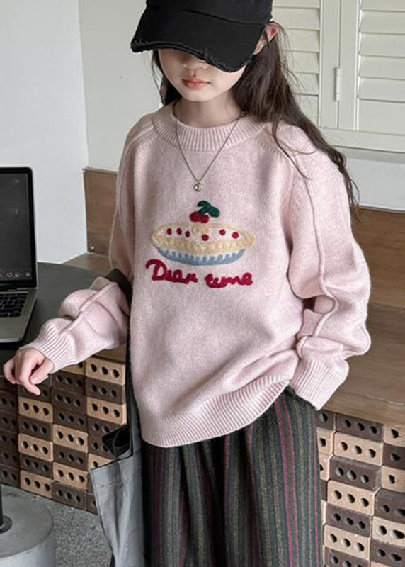 Diy Pink O-neck Thick Cotton Knit Kids Sweaters Spring