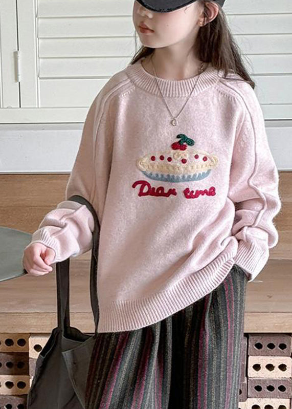 Diy Pink O-neck Thick Cotton Knit Kids Sweaters Spring