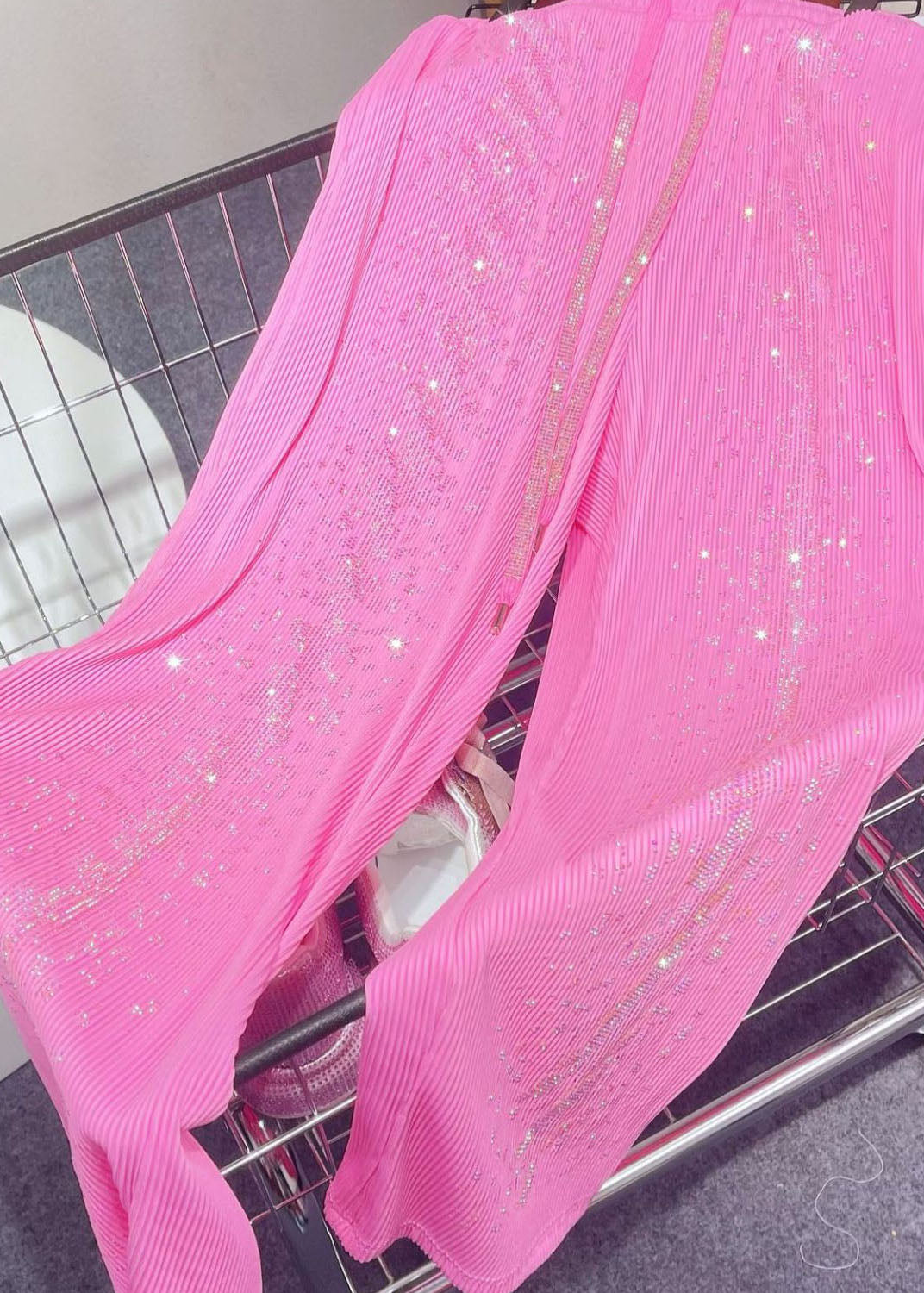 Diy Pink Pockets Zircon Patchwork Ice Silk Wide Leg Pants Summer