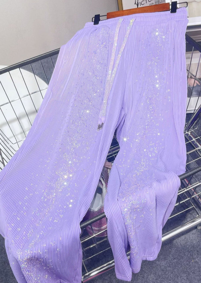 Diy Pink Pockets Zircon Patchwork Ice Silk Wide Leg Pants Summer