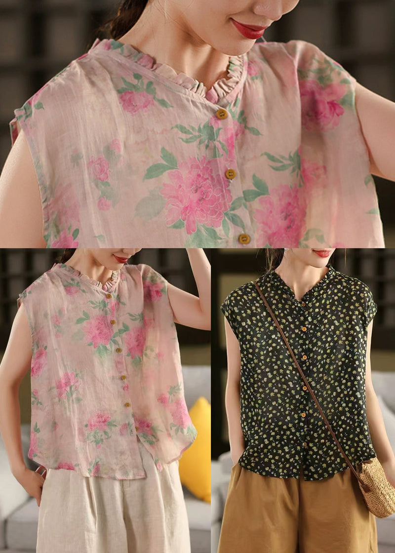 Diy Pink Ruffled Print Linen Tops Sleeveless
