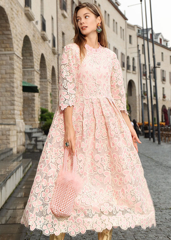 Diy Pink Stand Collar Hollow Out Patchwork Lace Maxi Dresses Bracelet Sleeve
