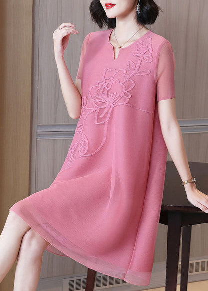 Diy Pink V Neck Embroidered Nail Bead Tulle Mid Dresses Short Sleev