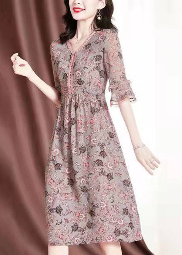 Diy Pink V Neck Lace Patchwork Print Chiffon Maxi Dresses Summer