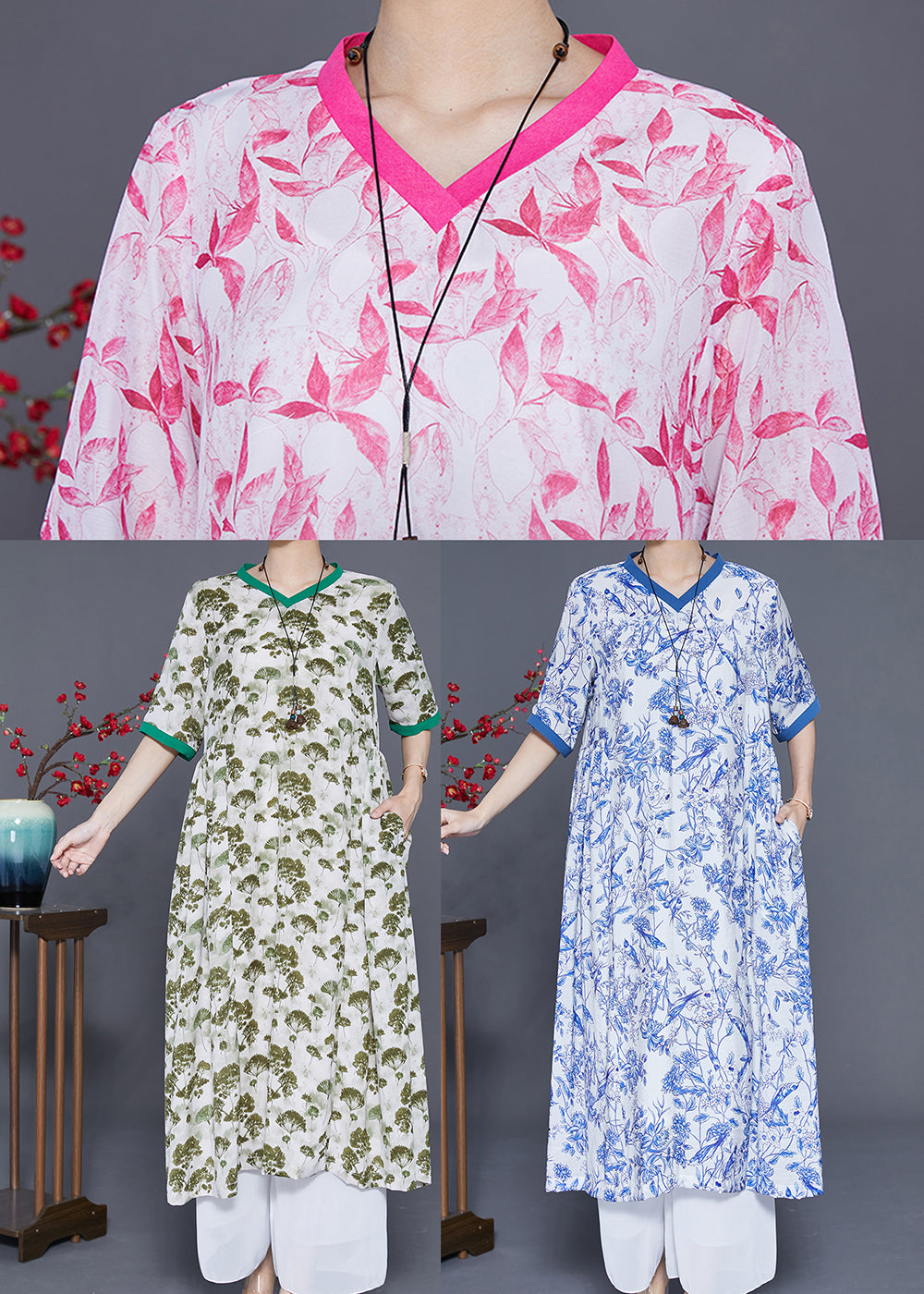 Diy Pink V Neck Patchwork Print Linen Dress Summer