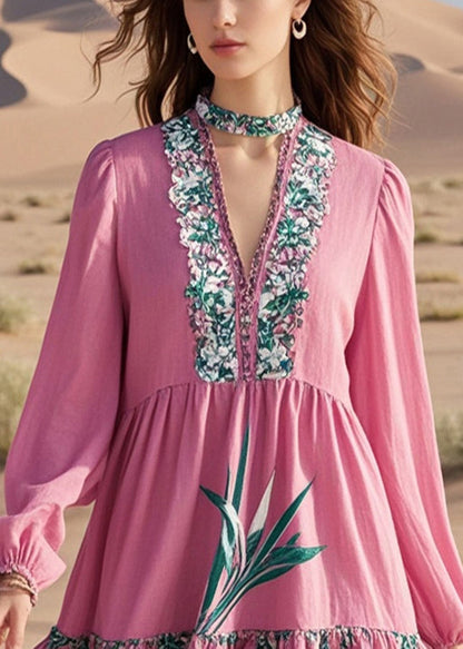 Diy Pink V Neck Print Cotton Work Dress Spring
