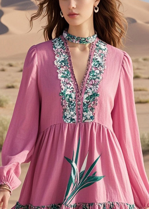 Diy Pink V Neck Print Cotton Work Dress Spring