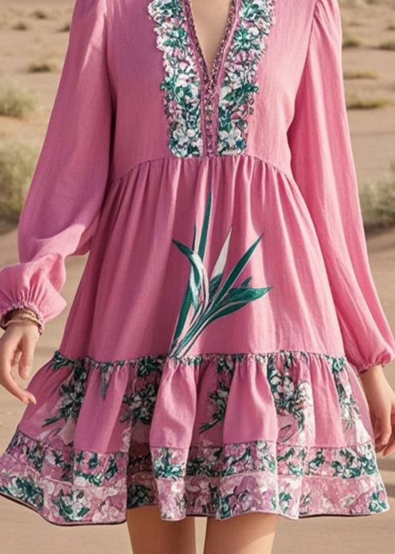 Diy Pink V Neck Print Cotton Work Dress Spring