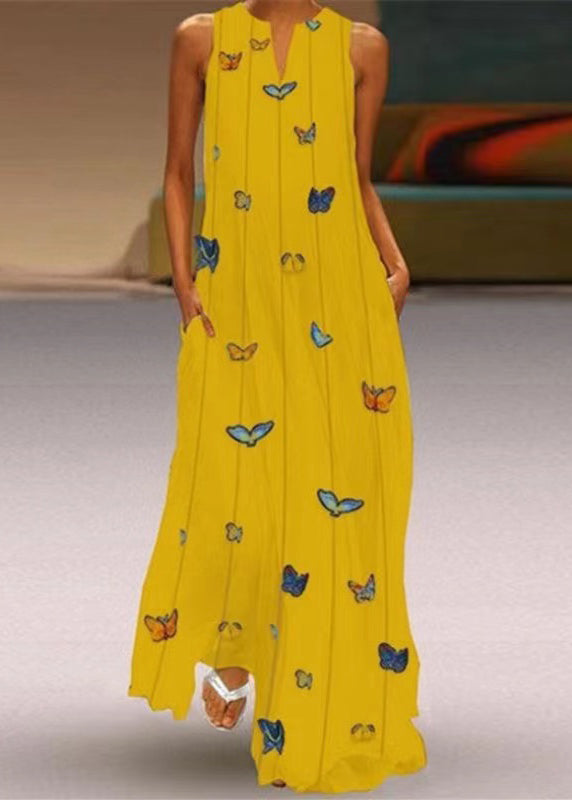 Diy Pink V Neck Print Pockets Long Dress Sleeveless
