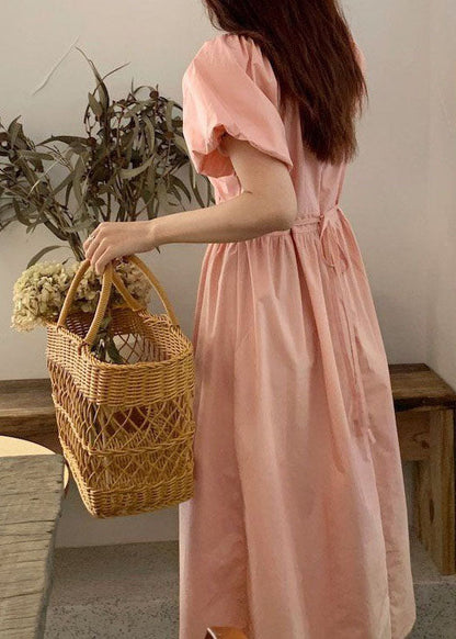 Diy Pink V Neck Wrinkled Patchwork Cotton Long Dress Summer