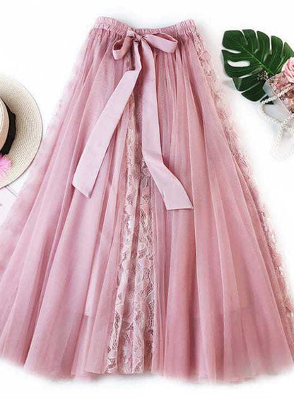 Diy Pink Wrinkled Patchwork Lace Tulle Skirt Spring