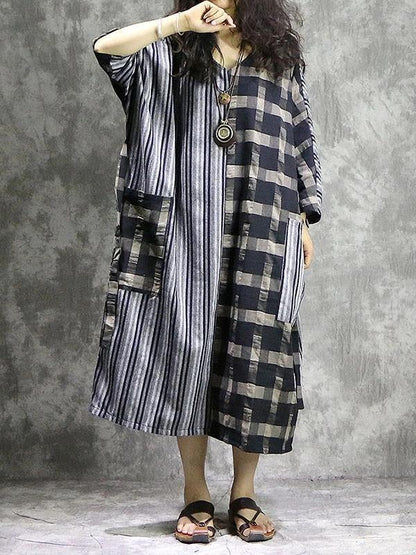 Diy Plaid Patchwork Striped Cotton Linen Quilting Dresses V Neck Pockets Maxi Dress