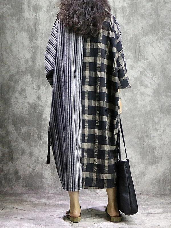 Diy Plaid Patchwork Striped Cotton Linen Quilting Dresses V Neck Pockets Maxi Dress