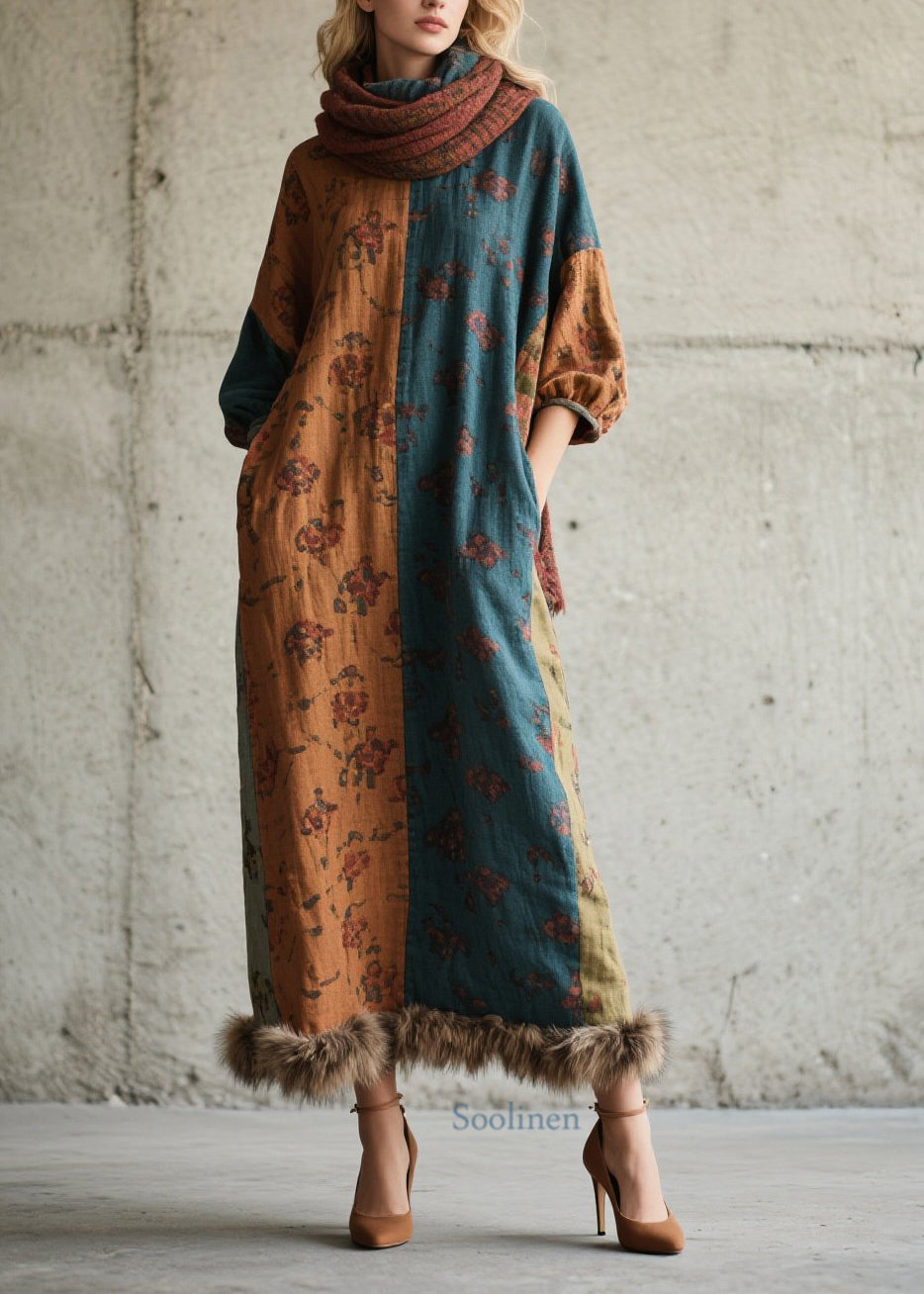 Diy Print Fuzzy Fur Fluffy Patchwork Cotton Long Dress Fall