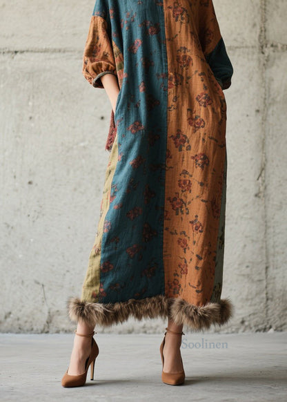 Diy Print Fuzzy Fur Fluffy Patchwork Cotton Long Dress Fall