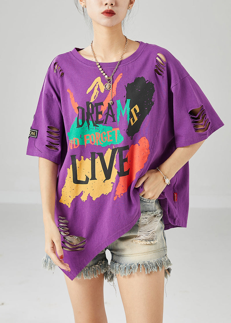 Diy Purple Asymmetrical Print Cotton Tank Tops Summer