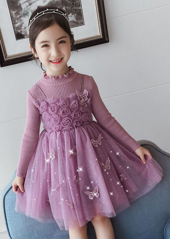 Diy Purple Butterfly Embroideried Patchwork Tulle Long Dresses Fall