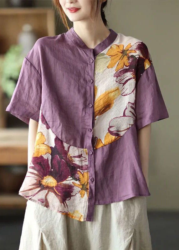 Diy Purple Button Patchwork Fall Half Sleeve Top