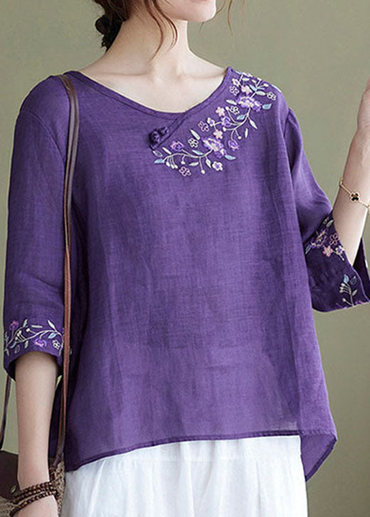 Diy Purple Crane Embroidered Side Open Half Sleeve Top