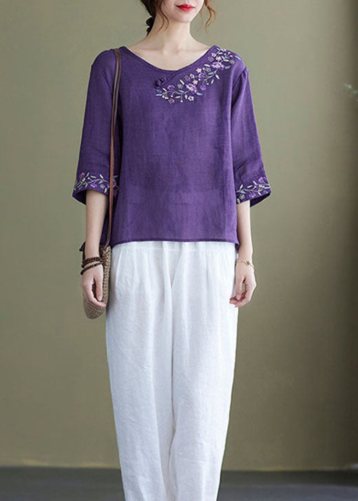 Diy Purple Crane Embroidered Side Open Half Sleeve Top