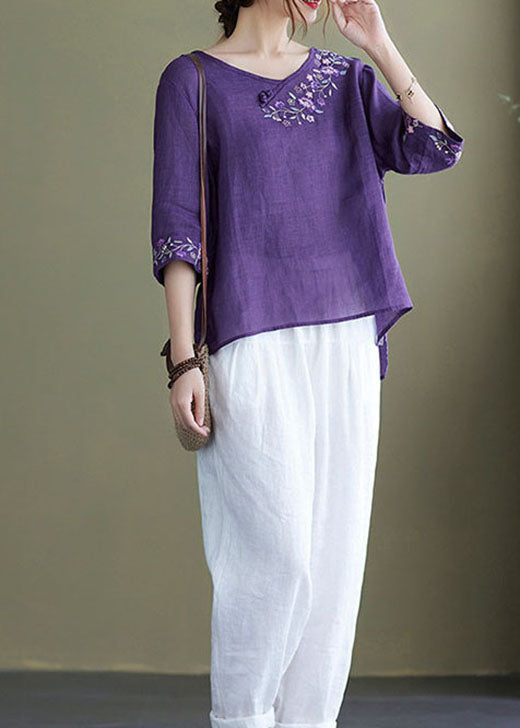 Diy Pink Flower Embroidered Side Open Half Sleeve Top