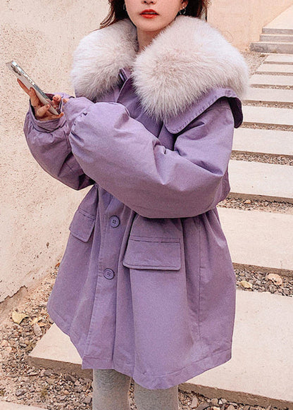 Diy Purple Fur Collar Pockets Patchwork Button Warm Fleece Parka Winter