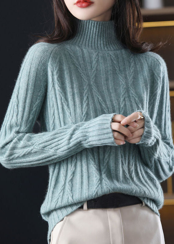 Diy Purple High Neck Thick Wool Cable Knitted Tops Winter
