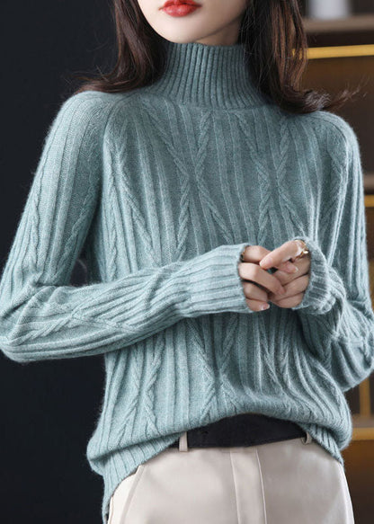 Diy Purple High Neck Thick Wool Cable Knitted Tops Winter