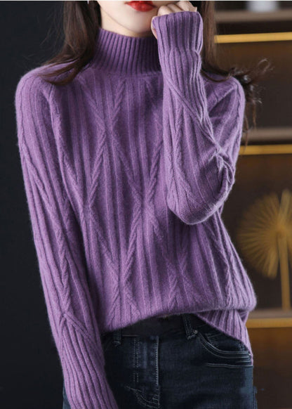 Diy Purple High Neck Thick Wool Cable Knitted Tops Winter