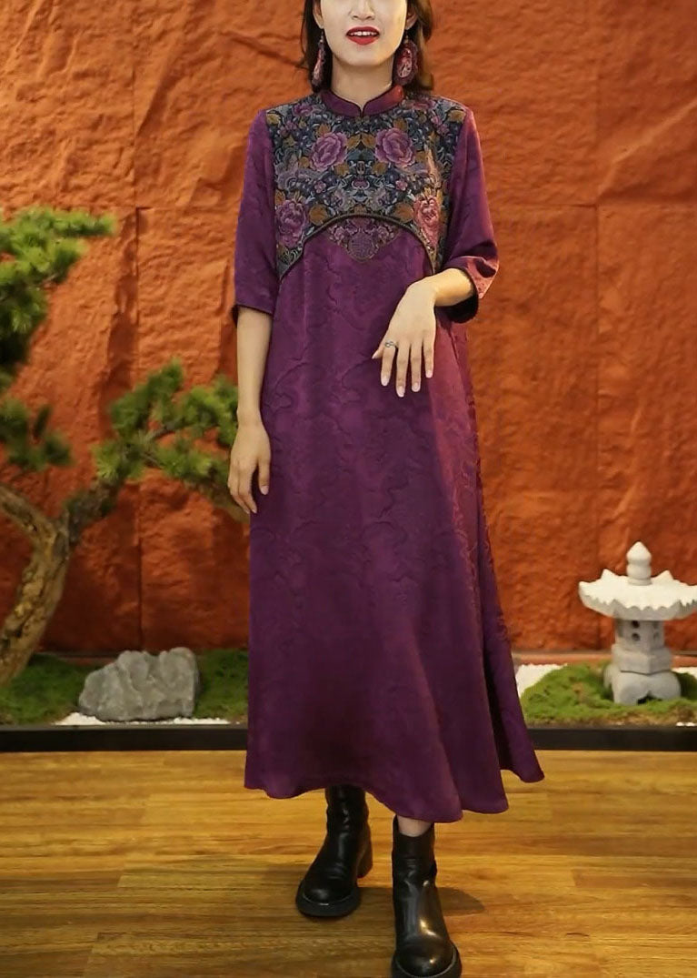 Diy Purple Mandarin Collar Patchwork Jacquard Silk Dresses Half Sleeve