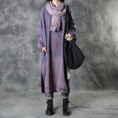 Diy Purple O-neck Side Open Print Fall Dress Long Sleeve
