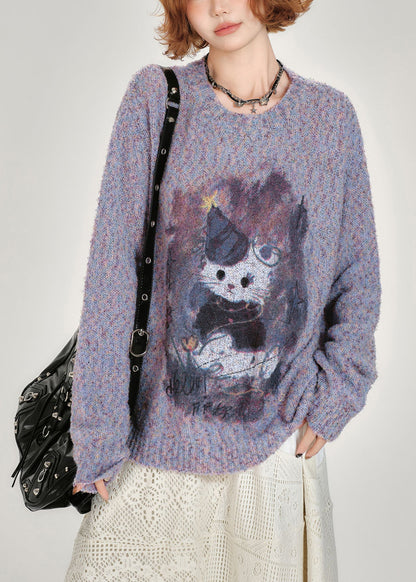 Diy Purple Oversized Print Knitted Tops Winter