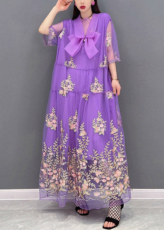 Diy Purple Peter Pan Collar Embroideried Lace Patchwork Tulle Holiday Dress Three Quarter Sleeve